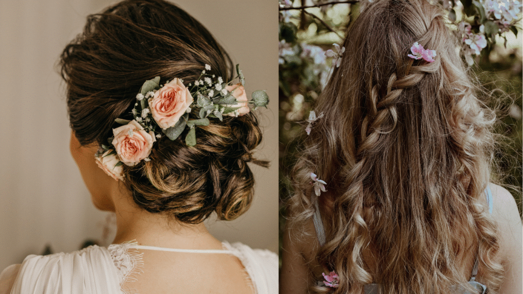 floral hair style with saree