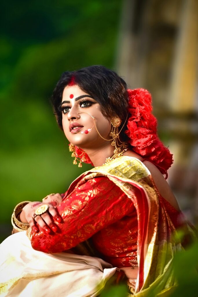 makeup look in bangali saree
