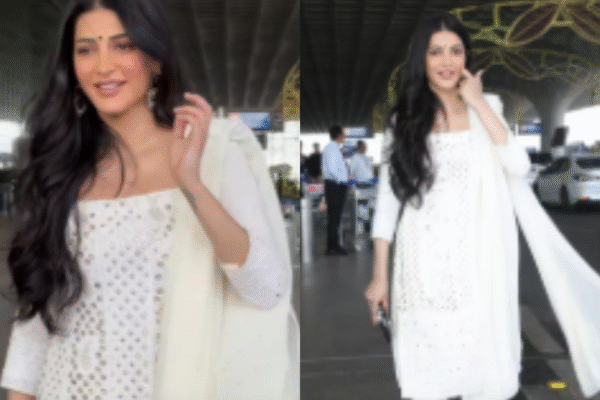 shruti haasan airport traditional white suit look